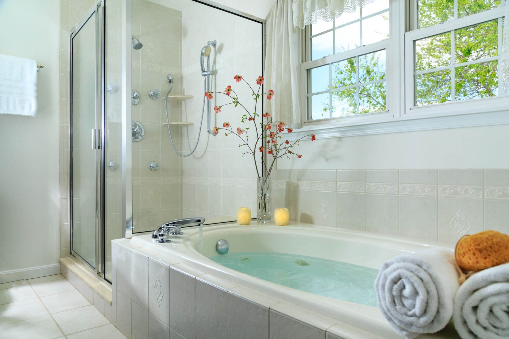 Jacuzzi near window and shower stall nearby