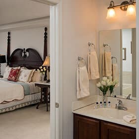 view of vanity in private bathroom looking out into bedroom