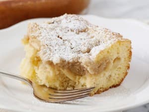 A slice of buttery cake topped with powdered sugar and a layer of fruit filling.