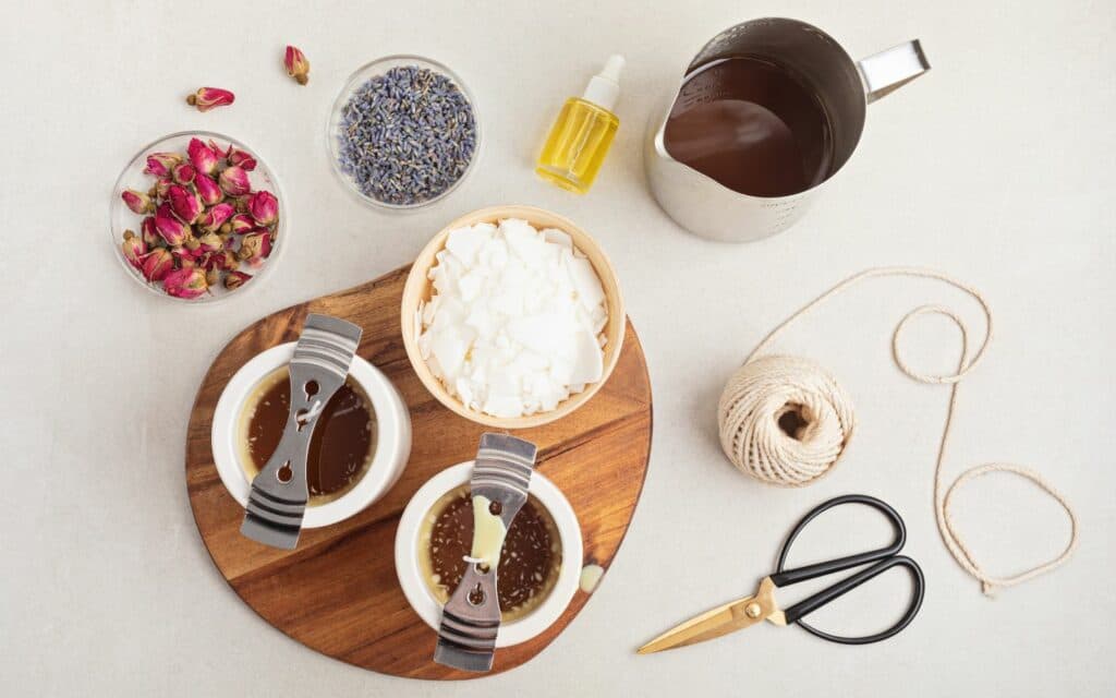 A wooden cutting board displays bowls of wax and two liquids, surrounded by dried flowers, a bottle of oil, scissors, and twine.