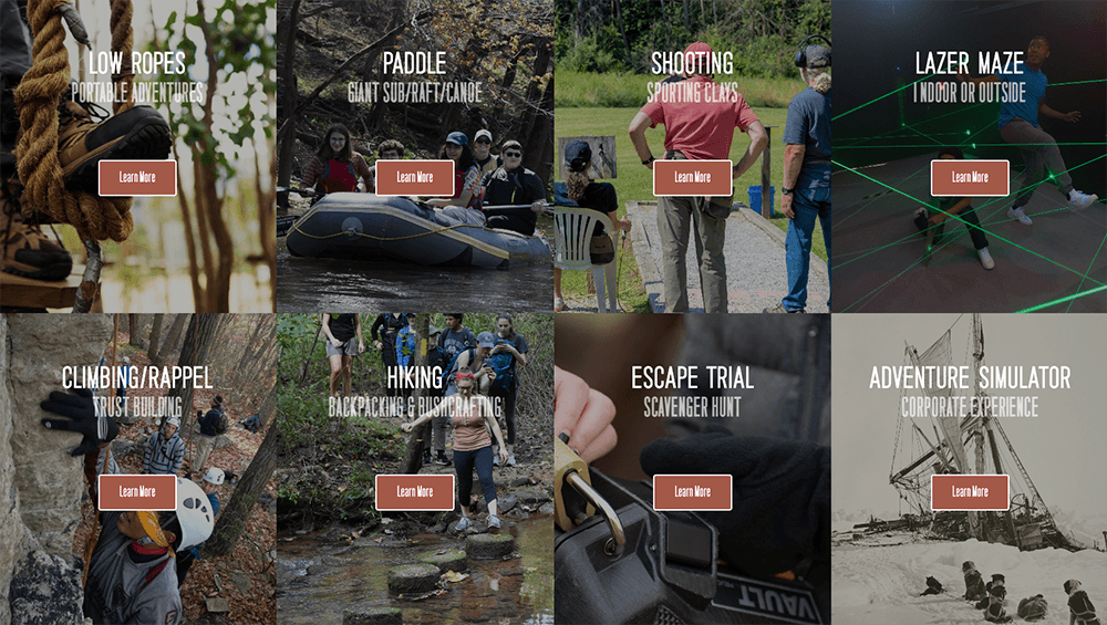 A grid of adventure activities including low ropes, paddling, shooting, a laser maze, climbing, hiking, an escape trial, and an adventure simulator, each with "Learn More" buttons.