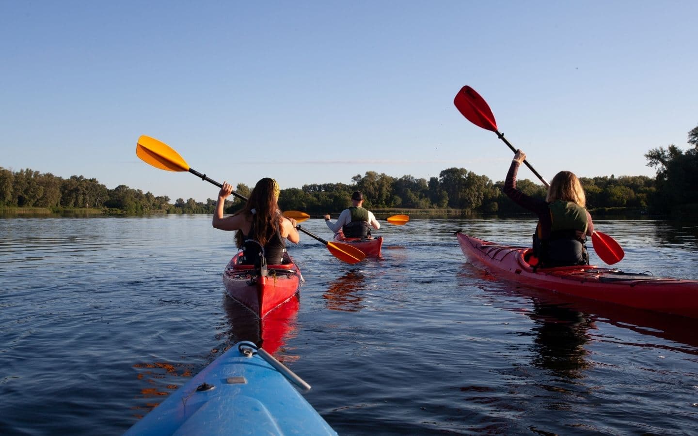 Four kayakers paddling on a calm river under a clear blue sky.