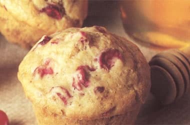 Fresh cranberry muffins beside a jar of honey and a honey dipper.