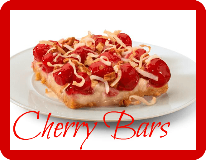 A slice of cherry bars topped with cherries and coconut on a white plate.