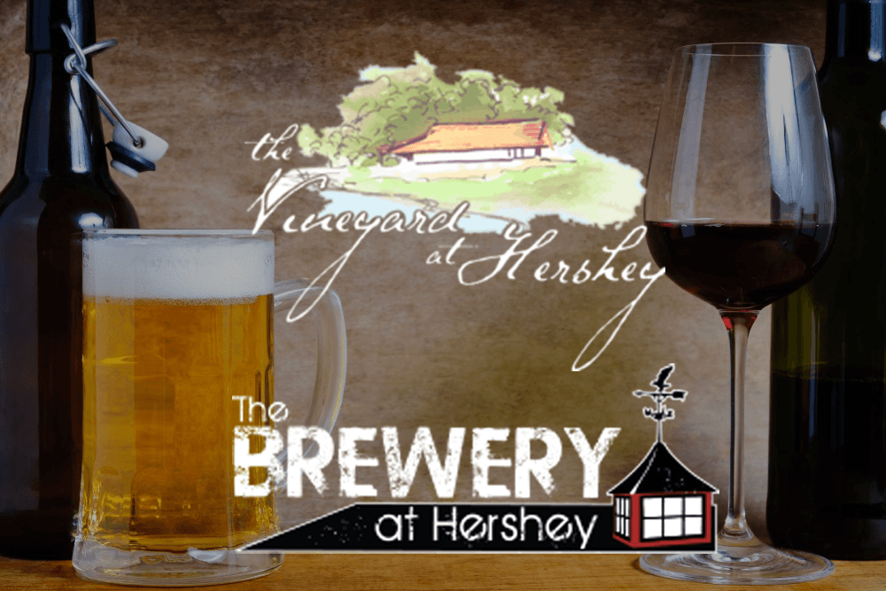 A frothy beer glass and a wine glass are displayed next to branding for The Brewery and The Vineyard at Hershey.