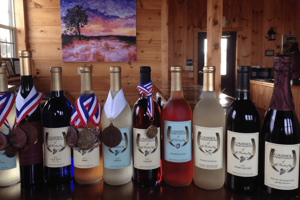 A collection of wine bottles on a wooden counter, each adorned with medals, set against a colorful painting.