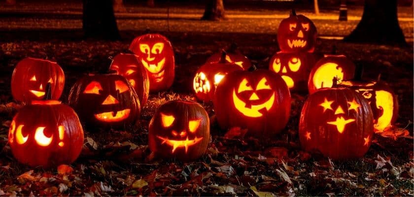 A collection of carved pumpkins with illuminated faces, surrounded by fallen leaves at night.
