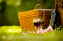 A picnic basket beside a glass of red wine on grassy ground.