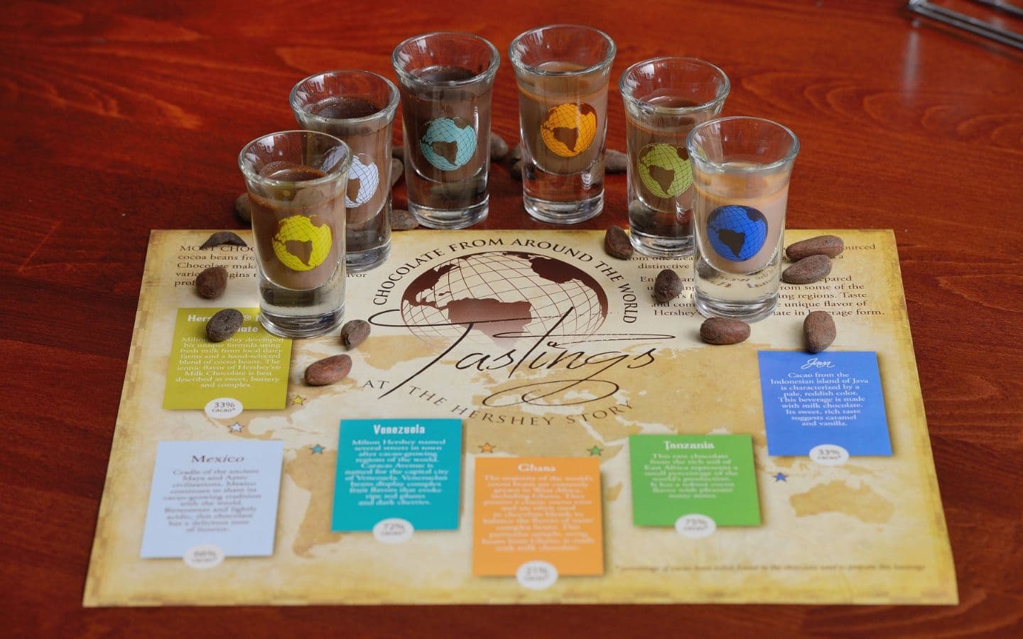 A tasting placemat featuring various chocolate shots from around the world, surrounded by cocoa beans.