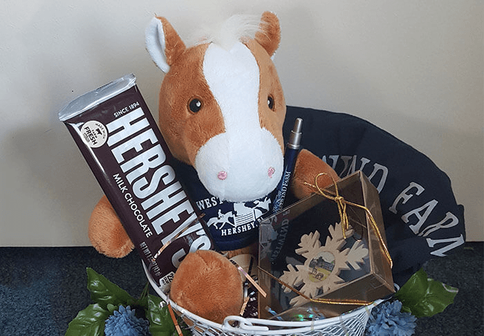 A cozy gift basket featuring a plush horse, Hershey's chocolate bar, a blue hat, and decorative items.