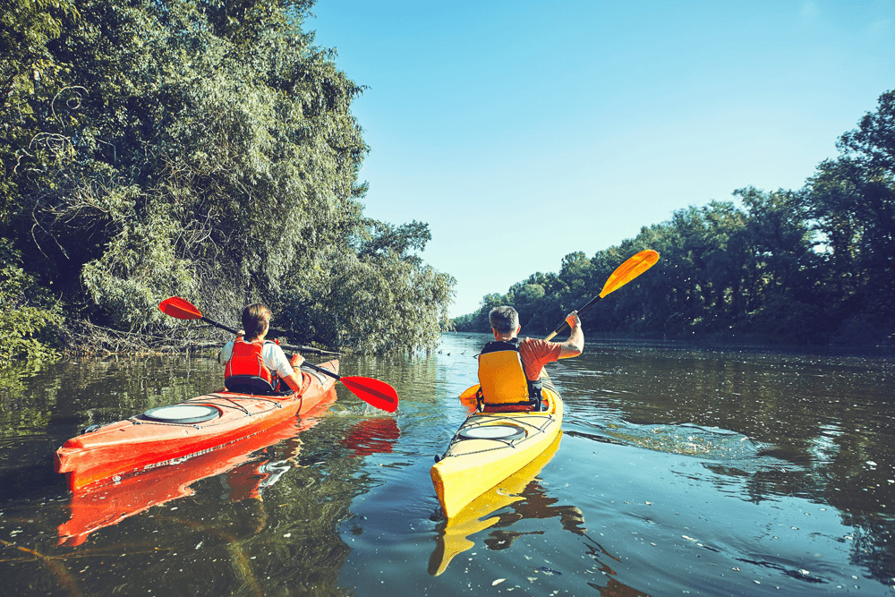 A child and an adult kayak together on a calm river surrounded by lush greenery.