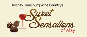Logo for Hershey Harrisburg Wine Country's "Sweet Sensations of May" featuring a wine glass and chocolates.