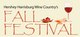 Text promoting Hershey Harrisburg Wine Country's Fall Festival with autumn leaves and a wine glass graphic.