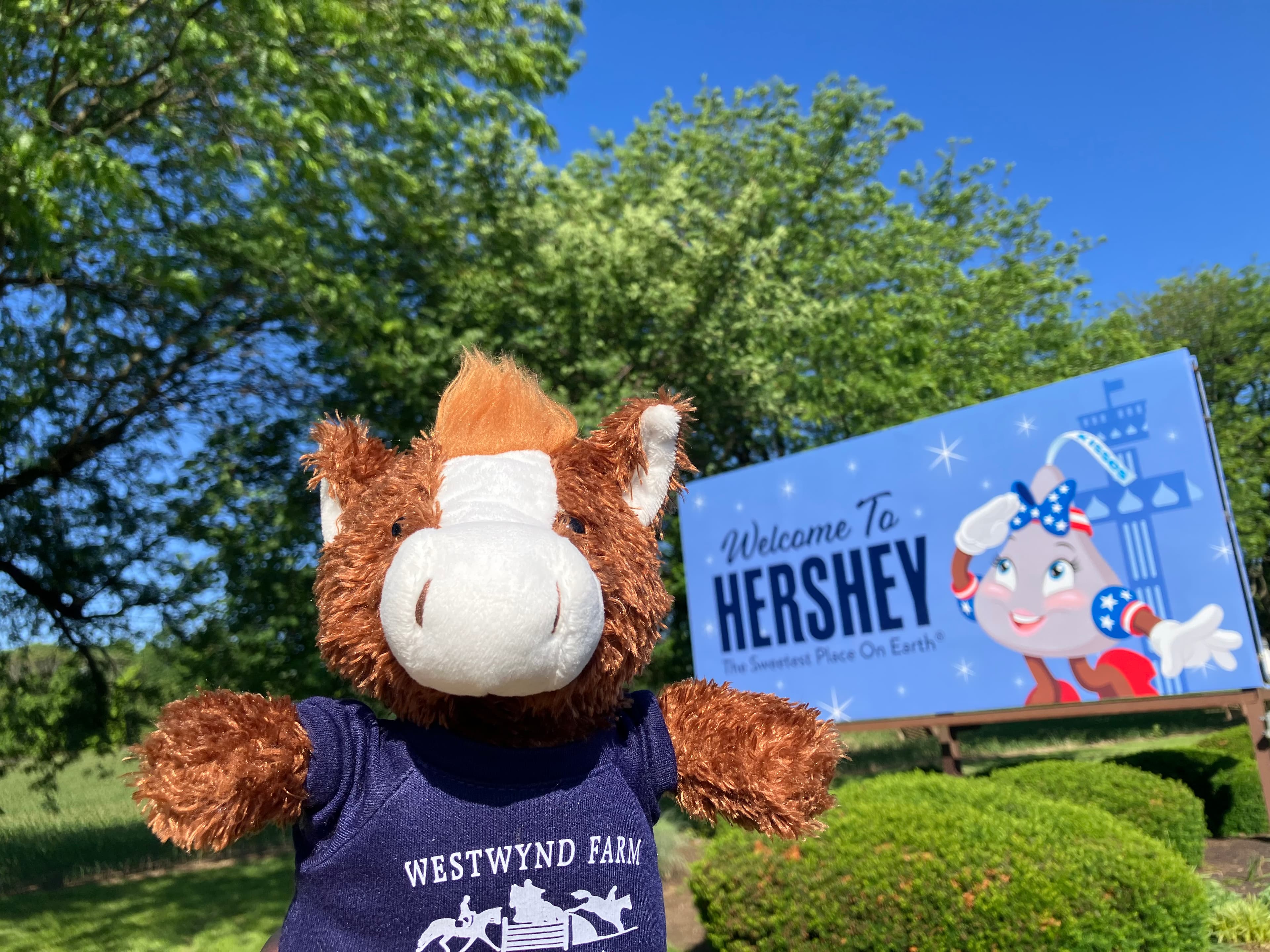 A plush toy cow wearing a Westwynd Farm shirt poses in front of a colorful "Welcome to Hershey" sign. A plush toy cow wearing a Westwynd Farm shirt poses in front of a colorful "Welcome to Hershey" sign.