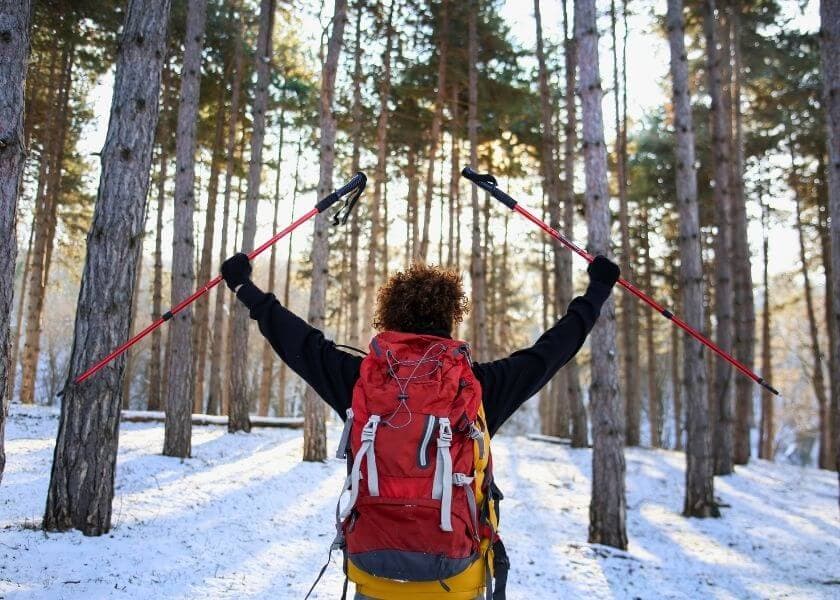 A hiker in winter gear raises trekking poles in a snowy forest. A hiker in winter gear raises trekking poles in a snowy forest.