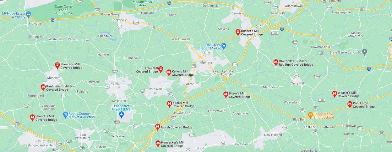 Map highlighting the locations of several covered bridges in a rural area.