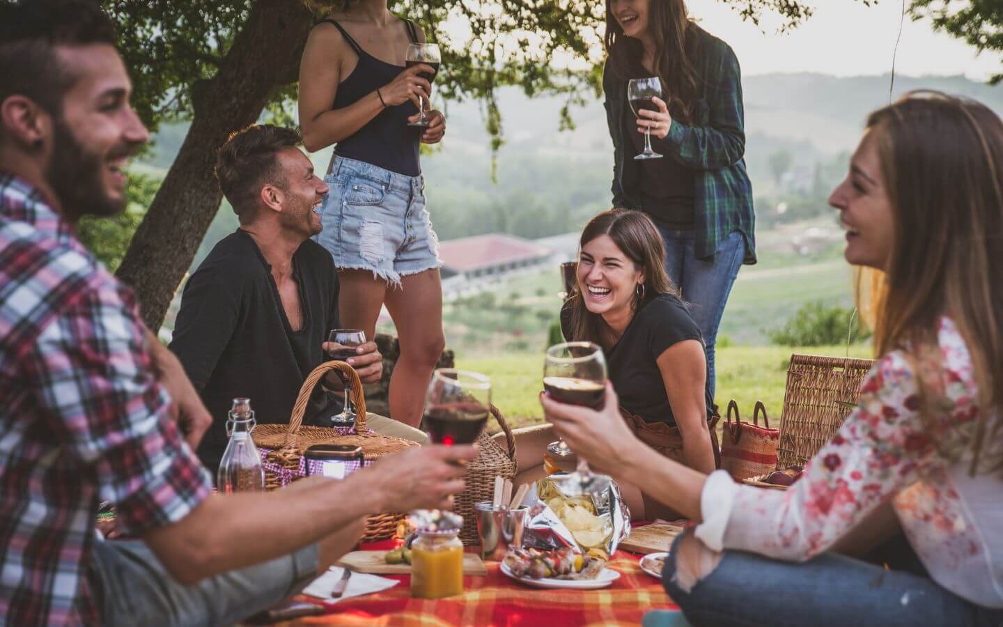 group of friends drinking wine and sharing a picnic outside at a vineyard