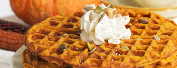 Pumpkin spice waffles on a plate topped with whipped cream and a pumpkin in the background