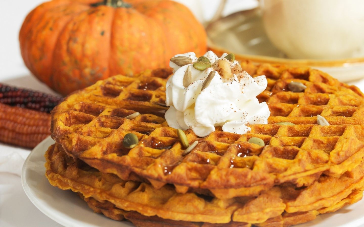 Pumpkin spice waffles on a plate topped with whipped cream and a pumpkin in the background