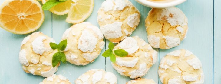 Powdered lemon cookies with cup of lemonade and slices of fresh lemon